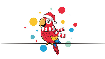 Fototapeta premium Cute cartoon parrot wearing a Santa hat and a red and white striped scarf, perched on a line with colorful confetti dots.