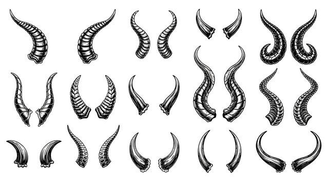 Large collection of various animal horns in a detailed black and white vintage engraving style, isolated on a white background.