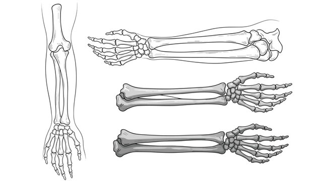 Detailed anatomical illustrations of the human arm and hand bones, showing the radius, ulna, carpals, and metacarpals.