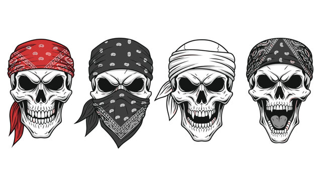 Set of four vector illustrations of menacing human skulls wearing different styles of bandanas, in a gangster or biker style.