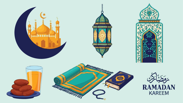 Flat design collection of ramadan kareem elements including crescent moon mosque silhouette traditional lantern koran prayer mat beads dates and tea festive spiritual illustration