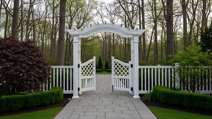 White wooden garden gate with lattice panels on a stone pathway surrounded by greenery and trees in a serene outdoor setting with fences