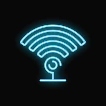 Blue neon icon of a webcam broadcasting a live streaming video on the internet