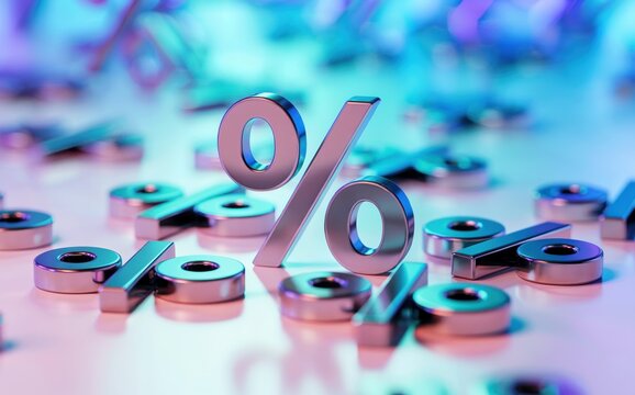 A close up shot of a large metallic percentage symbol surrounded by many smaller shiny percentage signs scattered across a smooth reflective surface bathed in vibrant blue purple and pink neon lightin
