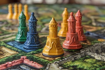 A captivating medieval game board showcasing colorful, intricately detailed towers vying for dominance, a vibrant tapestry of greens and golds.