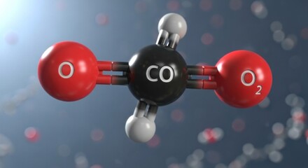A 3D model of a carbon monoxide molecule with a blue background.