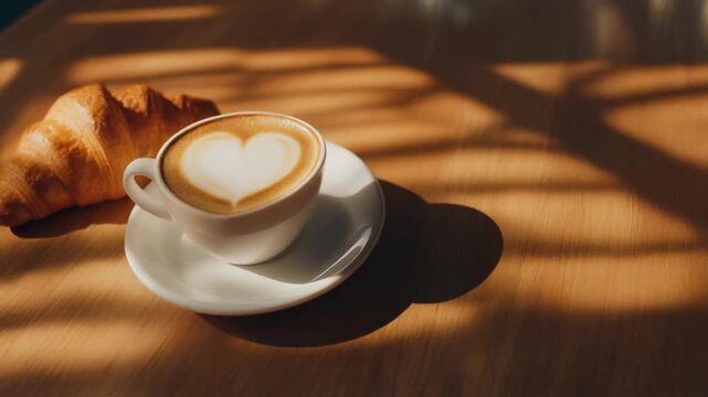 Warm morning vibe: heart shape cappuccino cup beside croissant with moving sunlight pattern, cinematic 4K.