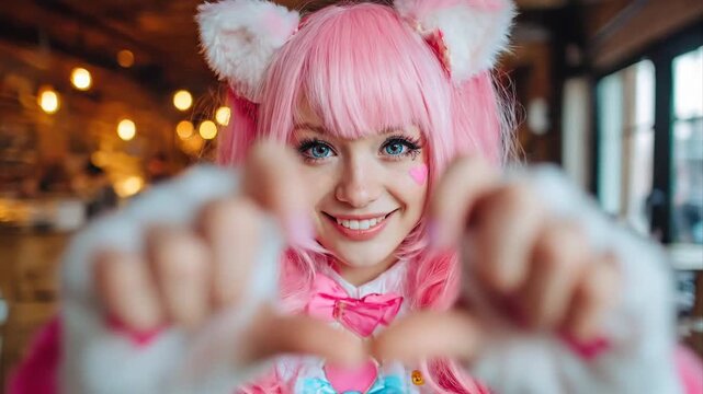 Young woman with pink hair in a anime cosplay costume makes a heart shape with her hands, look at camera. Cute girl posing for social media, Valentine's Day.