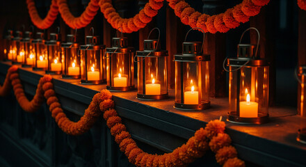 A row of glowing red jar candles and bright orange marigold garlands creating a warm, illuminated tribute along a stone ledge at night all saints' day and all souls' day