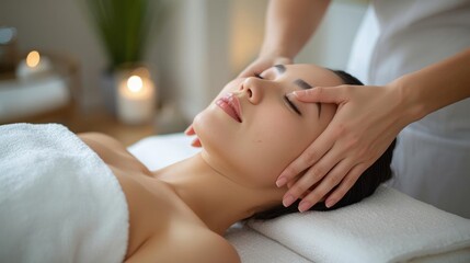 A serene spa scene featuring a woman receiving a relaxing facial massage, promoting wellness and tranquility.