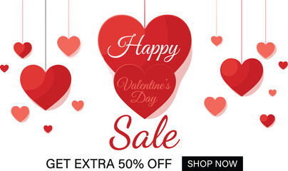 Happy Valentine’s Day sale banner with hanging red hearts, romantic discount promotion design, love themed illustration background