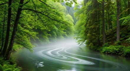 Serene forest landscape with river and fog creating a peaceful atmosphere