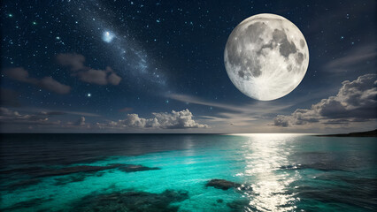 Full Moon Rising Over Turquoise Ocean with Starry Night Sky Reflection moon, full, ocean, turquoise, night, starry, sky, reflection, sea, horizon, clouds, water, glow, lunar, moonlight, serene,