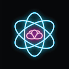 Bright neon atom symbol is glowing, with a brain icon at the center, representing the intersection of science and knowledge