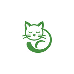 A simple green cat logo design featuring a curled up feline