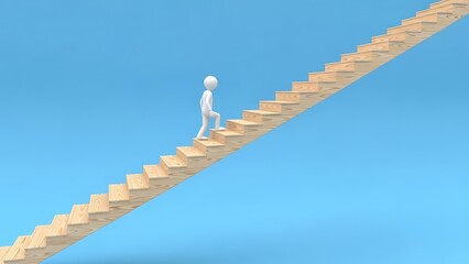 Simplistic white figure ascends a long wooden staircase toward an unseen high goal