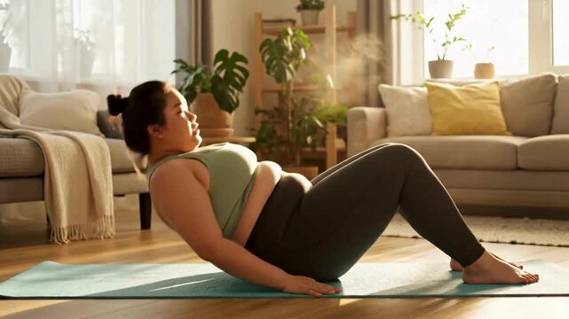 Overweight Asian woman doing sit up crunches exercise at home for weight loss and health motivation