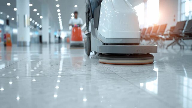 Close-up sweeper scrubber machine cleaning. Concept clean airport from debris. Industry machine with AI and camera. Automatic electric robot cleaner mopping of floor in commercial shop mall. Banner
