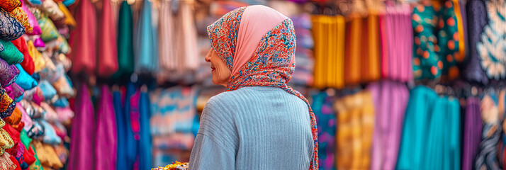 Woman wearing colorful headscarf browses vibrant marketplace filled with textiles and fabrics, showcasing rich tapestry of colors and patterns, creating lively and inviting scene of cultural commerce.