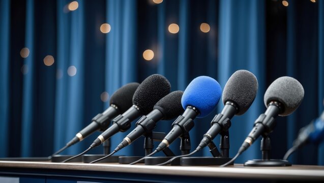 Press Conference Microphones on Blue Background