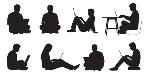 Silhouettes of people using laptop computers Vector, illustration