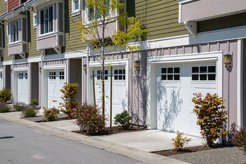 Row of modern townhouses in Vancouver, BC, Canada