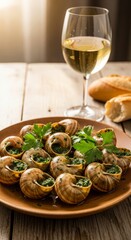 Elegant french escargot dinner with fresh herbs and wine for gourmet cuisine lovers