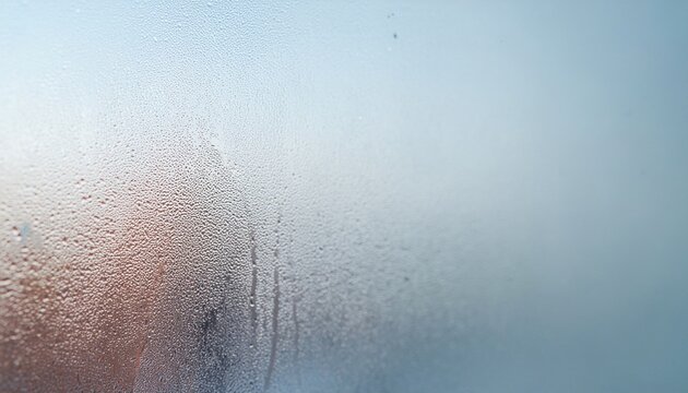 Close-up of condensation on a window, showing tiny water droplets and blurred background elements