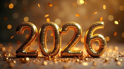Golden balloons celebrate future year 2026 with confetti