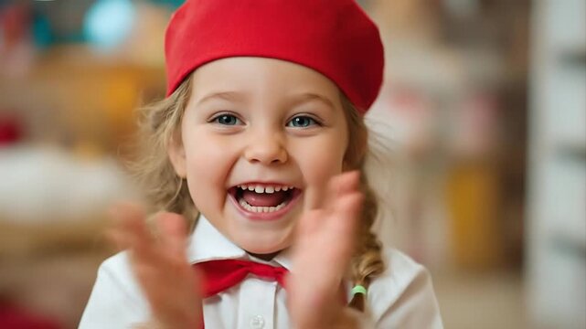 Little preschool girl in white shirt and red beret and bow tie playfully sticking out her tongue, showing happy, funny, silly facial expression. Playful portrait.