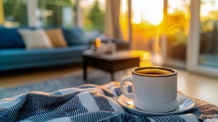 Steaming hot coffee mug sits on cozy checkered blanket, bathed in warm, golden light of sunrise or sunset filtering into peaceful living room, inviting comfort and relaxation.