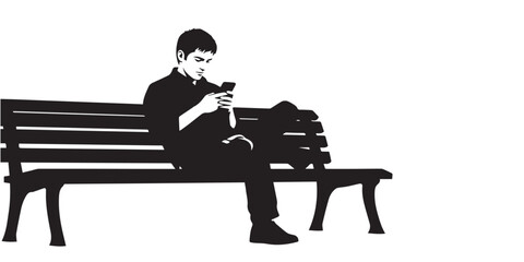 Man sitting on bench using smartphone Vector, illustration