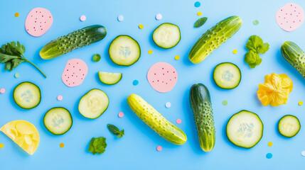 Vibrant flat lay of fresh green cucumbers, both whole and sliced, scattered artfully on bright blue background, accented with colorful confetti and subtle botanical elements for crisp, healthy aesthet