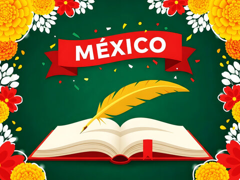 Vibrant mexican heritage illustration with book and feather - Powered by Adobe