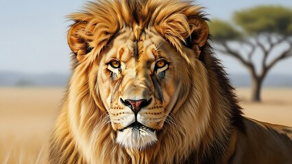 Naklejka premium A majestic lion with a shaggy mane stares intensely in savannah