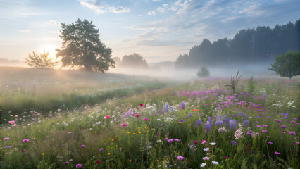 Misty Wildflower Meadow at Sunrise with Soft Golden Light and Fog meadow, wildflowers, sunrise, mist, foggy, golden, light, field, flowers, summer, dawn, nature, landscape, serene, peaceful, tranquil,