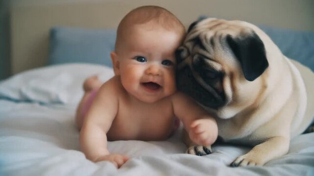 Cute happy baby and pug dog playing on bed, mp4 video. AI