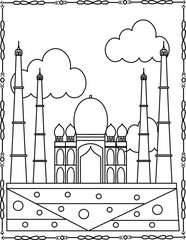 Islamic Mosque Line Art Illustration with Crescent Moon and Minarets. Mosque Coloring Page For Kids And Adults.