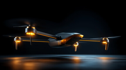 Minimalist drone with golden accents, suspended mid-air, matte surface, bright directional lighting, modern UAV design, product photography , with copy space