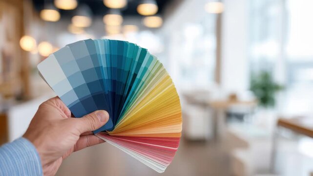 Creative setup with swatches. Art director workplace visuals, graphic project print. Paint color guide samples. Person holding sketch plan selection colour sampling. Design Studio. Printing office