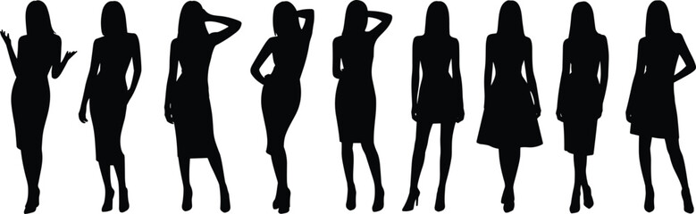 Women Standing Silhouette Collection Vector Illustration, Elegant Female Figures in Dresses and Fashion Poses, Black Design for Lifestyle Style and People Concept