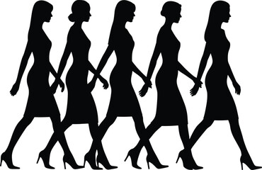 Women Walking Silhouette Collection, Elegant Female Figures in Dresses and High Heels, Black Vector Illustration for Fashion Lifestyle and Movement Concept