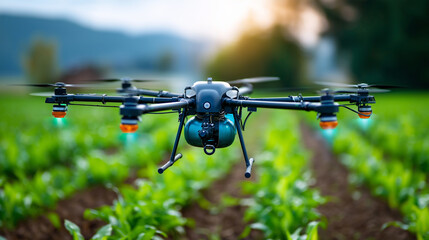 Large drone spraying fertilizer at farm, agricultural aviation, crop management, precision farming aerial operation, agrochemical application , with copy space