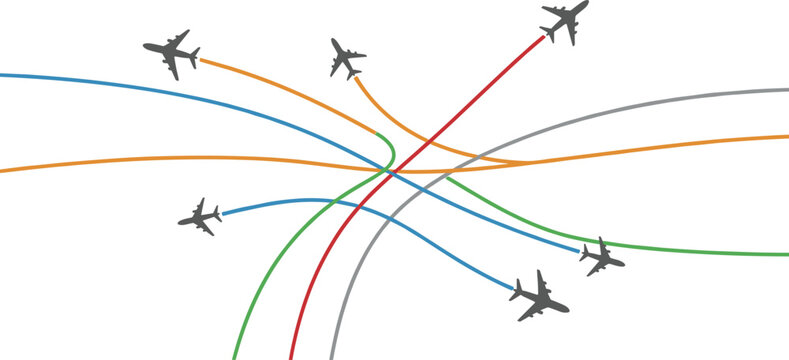 Global Aviation Network Concept with Multiple Airplanes Flying on Colorful Flight Path Curves Representing International Travel Logistics and Transportation Connectivity