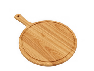 Round wooden pizza peel or cutting board with handle isolated on transparent background