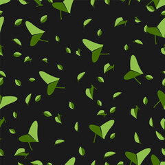 A seamless vector pattern with two-color leaves evenly scattered on a dark background.