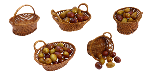 Wicker baskets with olives on white background isolated on a transparent background isolated on white background
