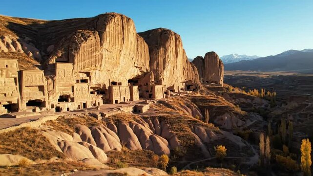 Ancient rock-cut caves of Bamyan in central Afghanistan illuminated by warm sunlight at sunrise
