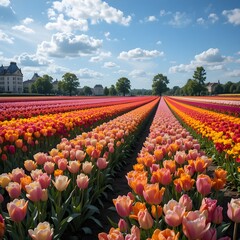 &ldquo;Vibrant Colorful Tulip Field in Full Bloom Under Blue Sky, Endless Rows of Pink Yellow and Orange Tulips in Spring Landscape, Beautiful Flower Farm Countryside Nature Background&rdquo;