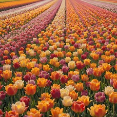 &ldquo;Vibrant Colorful Tulip Field in Full Bloom Under Blue Sky, Endless Rows of Pink Yellow and Orange Tulips in Spring Landscape, Beautiful Flower Farm Countryside Nature Background&rdquo;